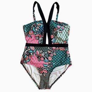 Laundry by Design One Piece Halter Swimsuit Size Large Tropical Print Open Back